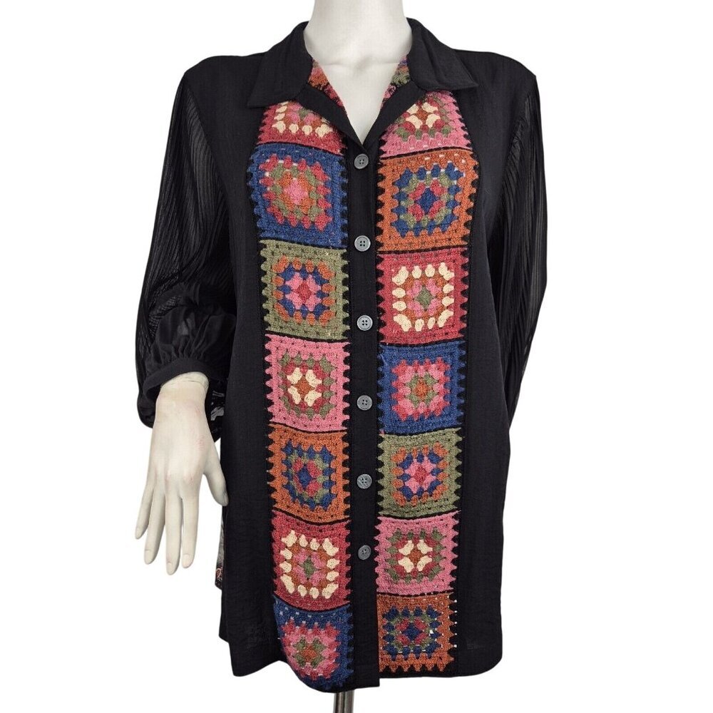 John Mark Women's Crochet Button Up Shirt Tunic Black Long Sleeve Size PXL (29)
